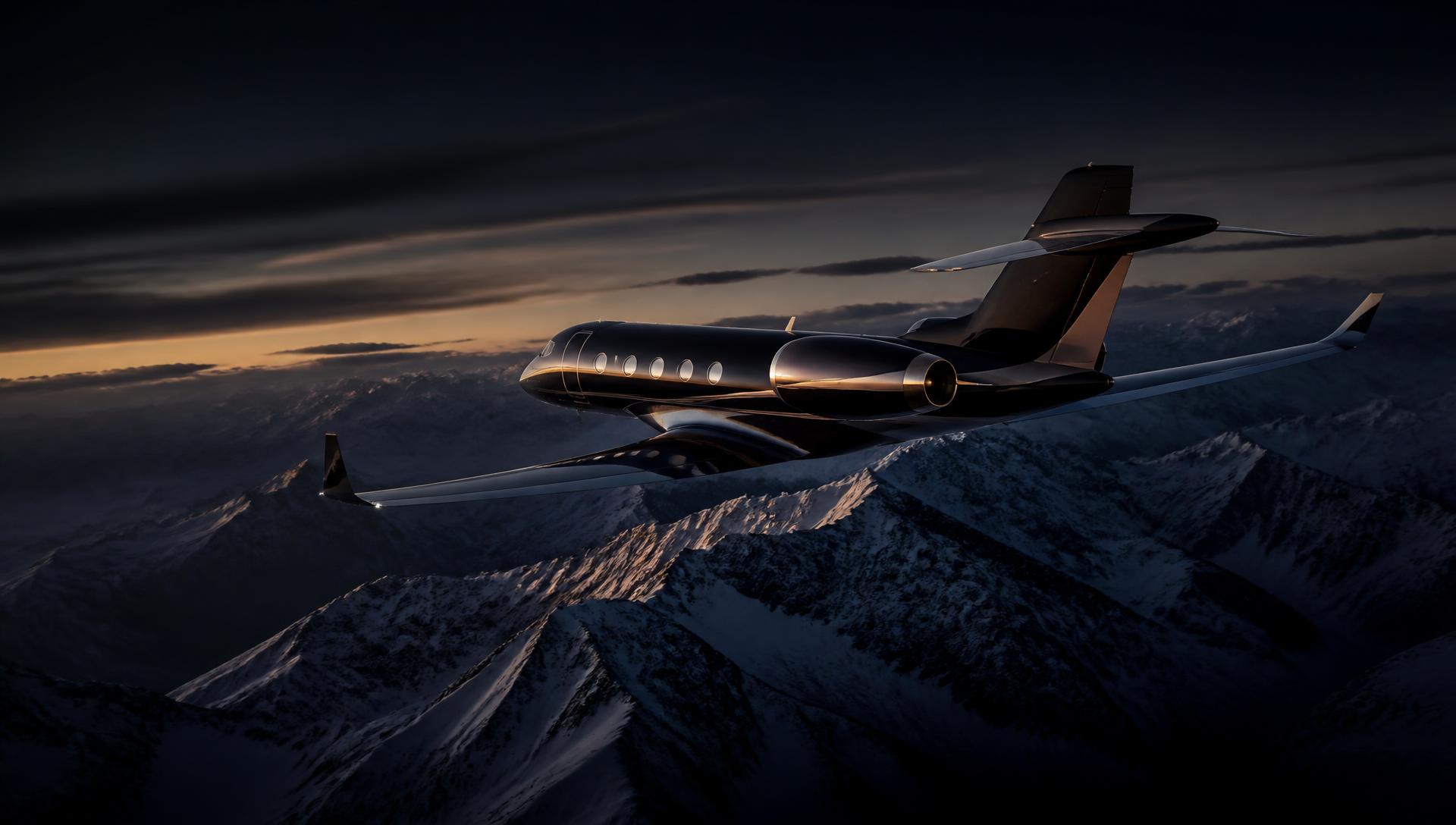 Private jet above snow-capped mountains at dusk