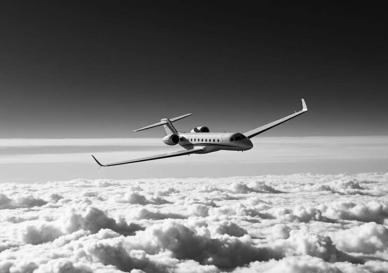 Ultra long range private jet on the apron at dusk