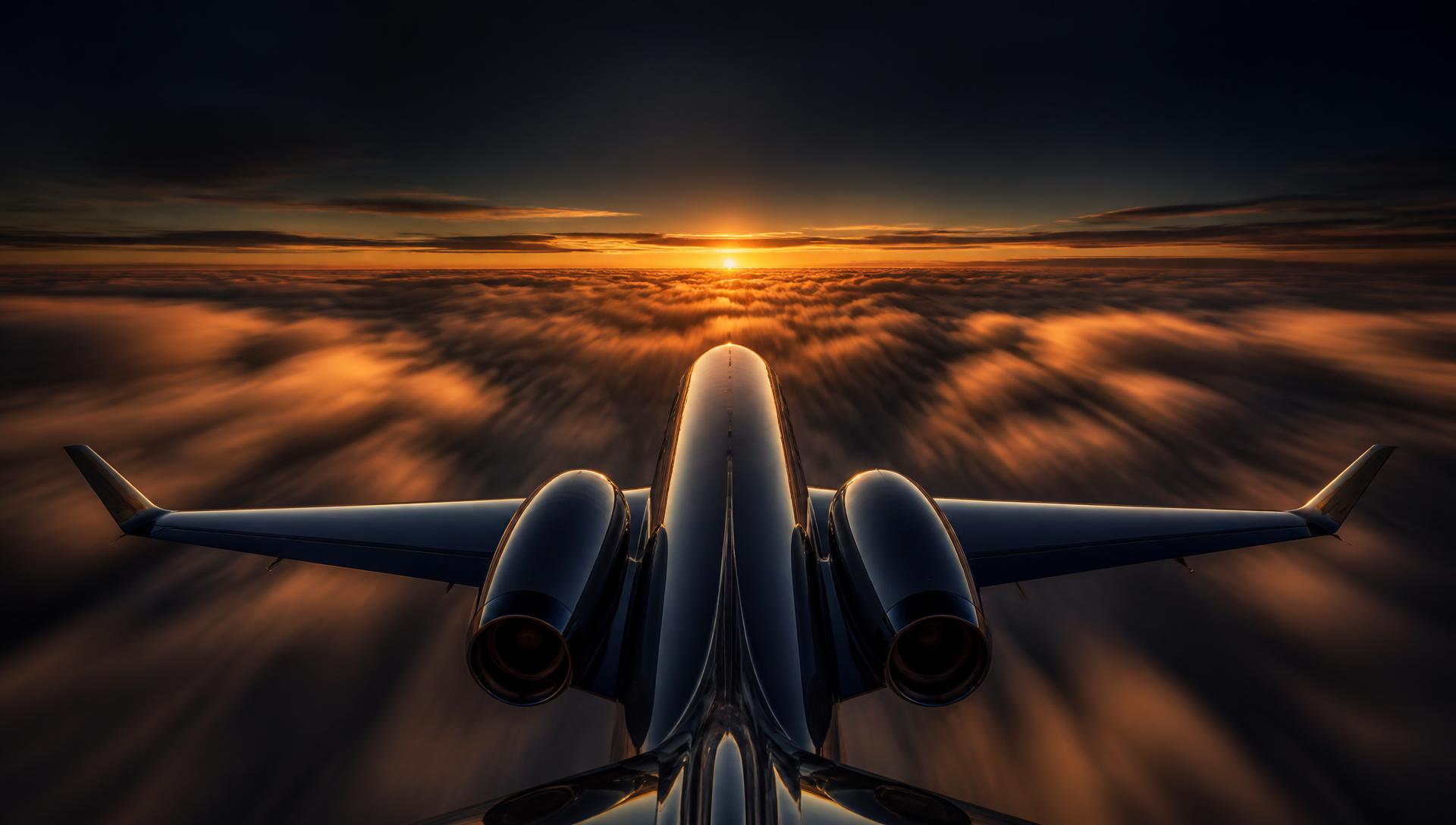 Private jet seen from behind, flying above a golden cloud layer
